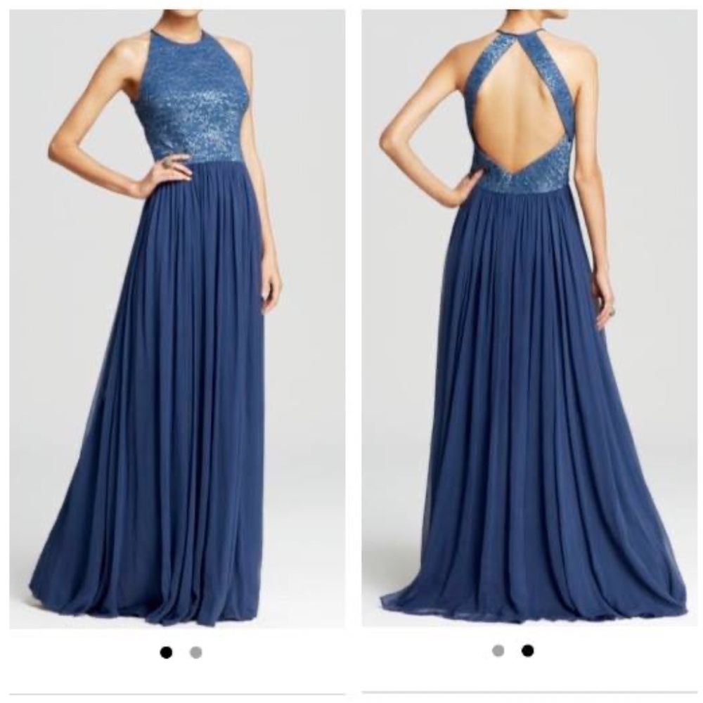 Vera Wang blue fog lace halter open back gown/formal dress